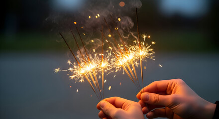Close up of hands holding lit sparklers creating a festive shower of golden sparks against a blurred outdoor background at dusk
