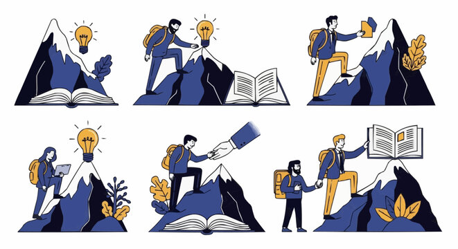 Illustrations of people climbing mountains with books and lightbulbs in various scenarios shown