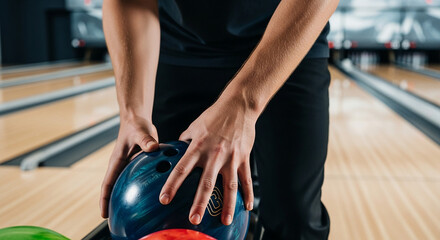 Fototapeta premium A close-up view of a person selecting a bowling ball in a modern bowling alley.