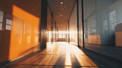 Golden hour sunlight streams through a modern empty office corridor with wooden floors.