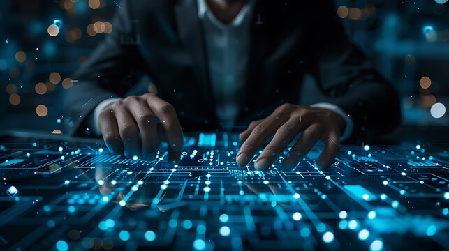 Close up of hands typing on a futuristic glowing circuit board with bokeh lights