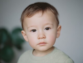 Naklejka premium Young child with brown hair and brown eyes is looking at the camera