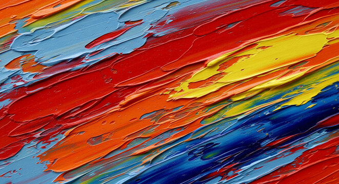 Vibrant brushstrokes create a modern abstract painting with rich textures and bold colors like red, yellow, blue, and orange, a perfect artistic backdrop