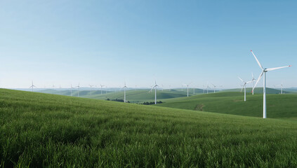  Wind Turbines on Green Hills under Blue Sky