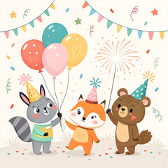 Naklejka premium Festive illustration featuring a raccoon, fox, and bear celebrating with balloons and fireworks at a party.