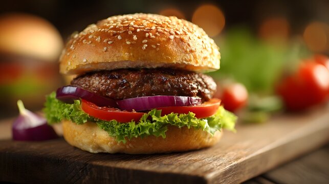 Gourmet beef hamburger with fresh lettuce tomato and onion on a rustic wooden board.