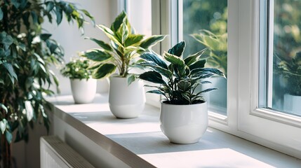 Fototapeta premium Green houseplants in white ceramic pots on a sunny windowsill.