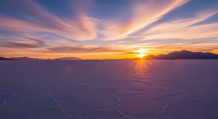 A vibrant sunset over a vast, flat salt plain, with colorful clouds streaking across the sky and the sun's rays breaking through.