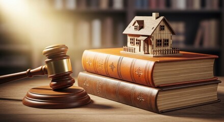 Gavel, law books, and miniature house symbolize real estate law and property rights