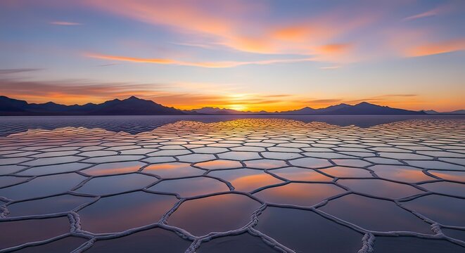 A stunning sunset reflects on the Salar de Uyuni salt flats, creating a mirror-like effect with mountains silhouetted on the horizon.