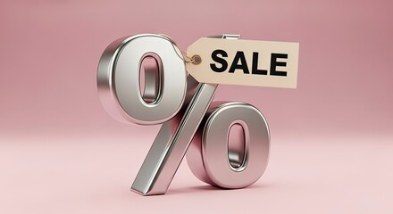 A metallic percentage sign with a "SALE" tag attached, set against a soft pink background, indicating a discount or promotion.