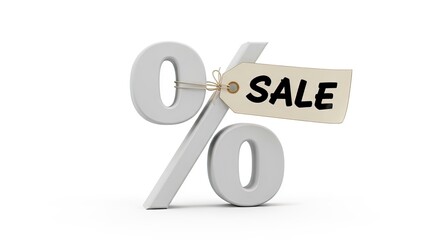 A white percentage sign with a tag labeled "SALE" attached by string, isolated on a white background.