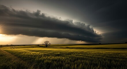 Golden Field Under Dramatic Storm Clouds with Sun Rays and Solitary Tree