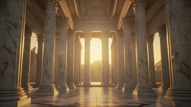 Majestic classical architecture with grand columns and natural sunlight illuminating the grand hall