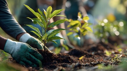 Hands in gardening gloves carefully planting a young green sapling in the soil for reforestation and environmental conservation.