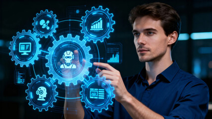 A man interacts with a futuristic holographic interface displaying interconnected gears and technology icons, symbolizing advanced digital systems.