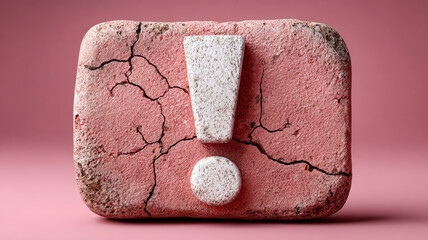 Cracked exclamation mark stone on pink background.