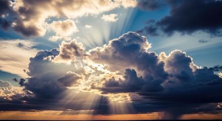 Majestic Golden Hour Cloudscape with Dramatic Sunbeams Breaking Through