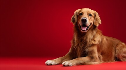 Happy Golden Retriever dog lying down in a studio with a vibrant red background.