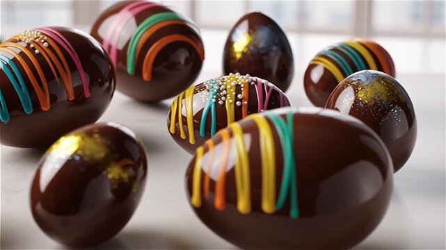 Close‑up of glossy chocolate Easter eggs decorated with colorful icing and confectionery sprinkles. Perfect for food blogs, holiday ads, packaging, festive digital content. Appetizing, festive look.