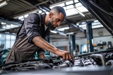 A car mechanic technician repairs a car in an auto repair shop, tools in hand and focused on the work. The concept of expertise, maintenance, and the essential role of mechanics in vehicle care.