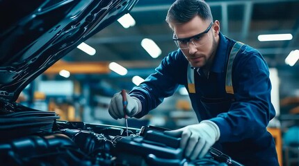 A car mechanic technician repairs a car in an auto repair shop, tools in hand and focused on the work. The concept of expertise, maintenance, and the essential role of mechanics in vehicle care.