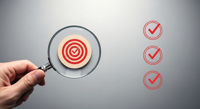 Magnifying glass focusing on target with check marks on gray background
