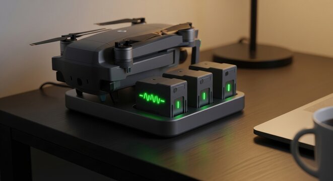 Folded camera drone charging on a hub with batteries showing green light indicators on desk