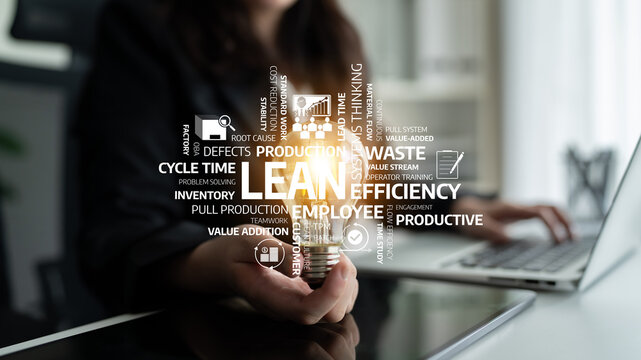 A professional engaged in lean management practices highlights efficiency and productivity, symbolized by a light bulb in a modern office setting, promoting innovative thinking. Tessel - Powered by Adobe