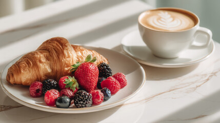 Fresh breakfast with croissant, berries and coffee
