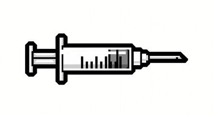 Simple Medical Syringe Icon with Needle and Plunger, Healthcare and Vaccination Symbol in Black and White Line Art Illustration