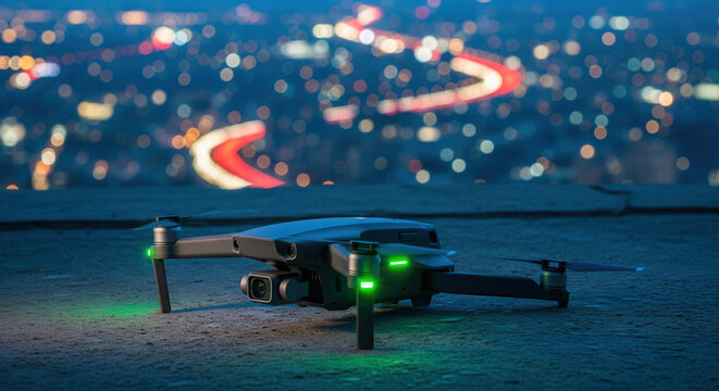 Modern quadcopter drone with camera landed on a roof with night city lights background