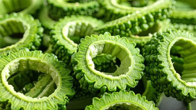 Bitter Melon Slices: Vibrant close-up of freshly cut bitter melon slices, revealing the intricate patterns and textures of this unique and nutritious vegetable. A celebration of natural flavors.