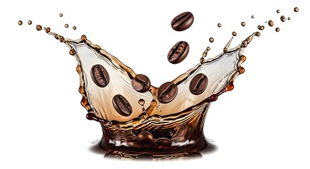 Coffee beans falling into liquid, creating a splash with droplets, showcasing the dynamics of coffee preparation and beverage creation.