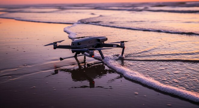 Professional drone crashed in the sea water on a sandy beach during a beautiful sunset