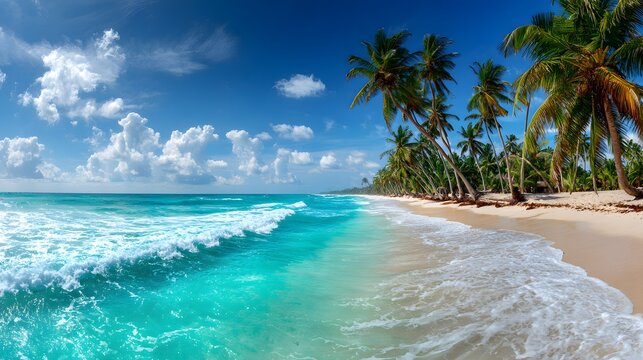 Idyllic tropical beach with turquoise ocean waves and palm trees.