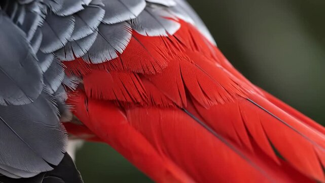 Extreme close-up of the vibrant red tail feathers and grey plumage of an African Grey Parrot.