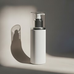 A white cylindrical bottle with a pump dispenser and clear cap stands in a pool of light, casting a long shadow on a neutral background.
