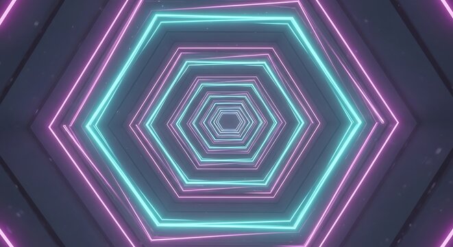 Neon hexagon corridor with cyan and purple glowing light effect design
