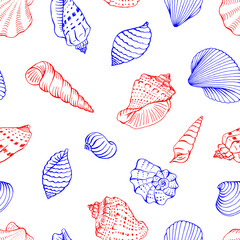 Seamless pattern with seashells. Hand drawn vector illustration.