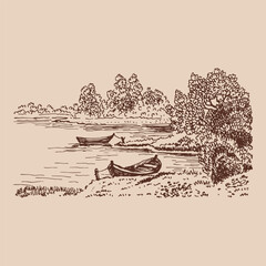 Boat on the lake. Hand drawn vector illustration.