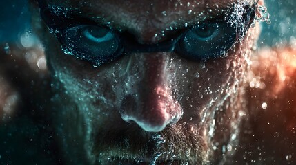 Intense close up of a professional male swimmers face in the water.
