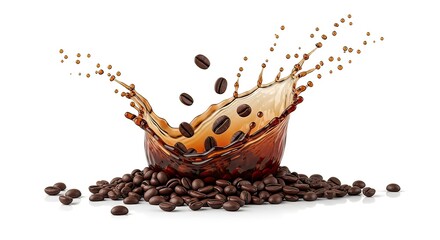 Coffee beans falling into liquid, creating a splash with droplets, surrounded by a pile of coffee beans on a white background.