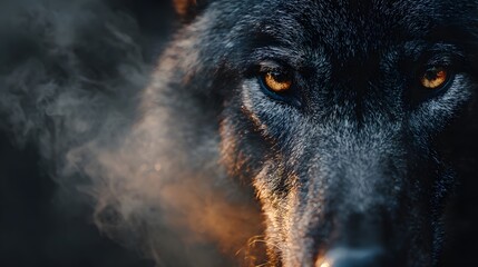 Intense close up portrait of a majestic black wolf with glowing amber eyes.