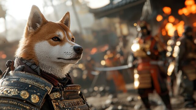 A Shiba Inu dressed as a samurai stands confidently in a dramatic, fiery battlefield scene with warriors in the background.
