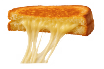 Grilled cheese sandwich showing irresistible melted cheddar cheese stretching and pulling, comfort food meal on transparent background