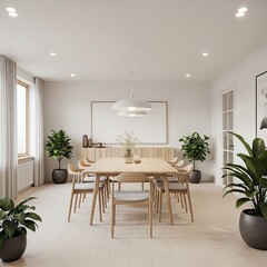 Bright, spacious dining room with a light wood table surrounded by chairs, accented by potted plants and natural light.