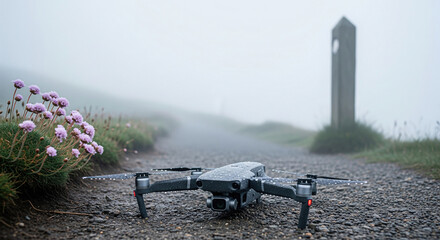 Wet grey drone sitting on gravel path near pink flowers in foggy weather mountain landscape
