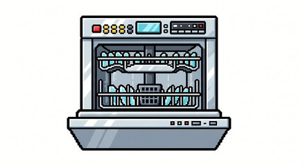 Modern Open Dishwasher with Dirty Dishes Inside Illustration. Kitchen Appliance with Full Racks of Plates and Bowls. Household Chores and Cleaning ...