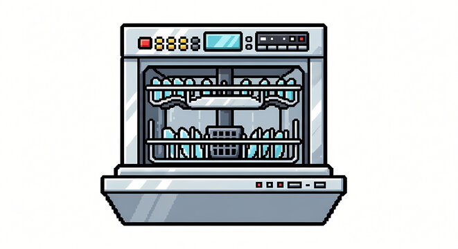 Modern Open Dishwasher with Dirty Dishes Inside Illustration. Kitchen Appliance with Full Racks of Plates and Bowls. Household Chores and Cleaning ...